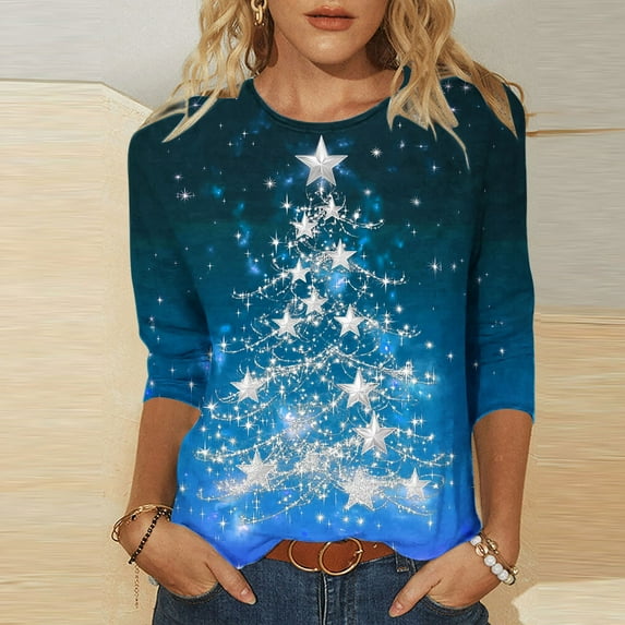 Holiday Gifts! Titcea Christmas Shirts for Women 3/4 Sleeve Crewneck Glitter Xmas Tree Print Pullover Christmas Sweaters 2024 Fashion Casual Tops