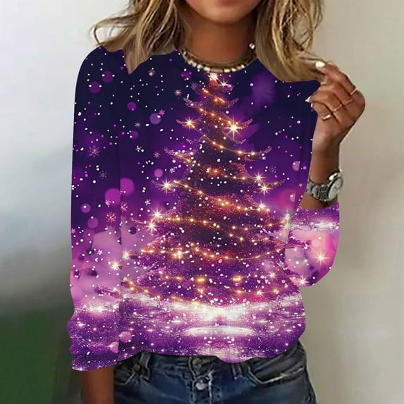 Holiday Gifts! Titcea Christmas Shirts for Women Long Sleeve Round Neck Fashion Christmas Print Pullover Sweaters 2024 Loose Comfortable Casual Tops