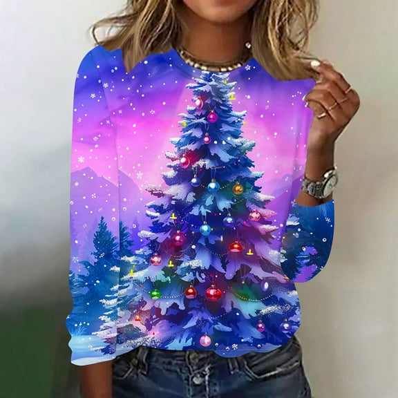 Holiday Gifts! Titcea Christmas Shirts for Women Long Sleeve Round Neck Fashion Christmas Print Pullover Sweaters 2024 Loose Comfortable Casual Tops