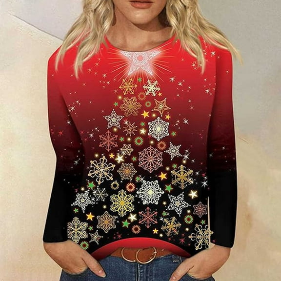 Holiday Gifts! Titcea Christmas Tops for Women 2024 Long Sleeve Crewneck Fashion Xmas Print Cute Pullover Sweaters 2024 Loose Comfort Lightweight Casual Tops
