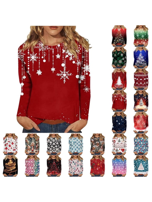 Holiday Gifts! Titcea Christmas Tops for Women 2024 Long Sleeve Crewneck Fashion Xmas Print Cute Pullover Sweaters 2024 Loose Comfort Lightweight Casual Tops