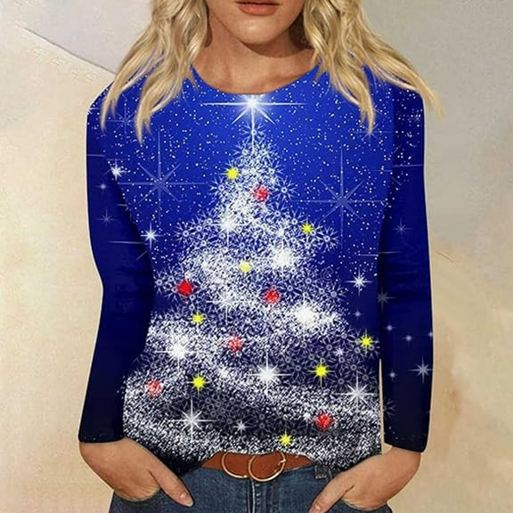 Holiday Gifts! Titcea Christmas Tops for Women 2024 Long Sleeve Crewneck Fashion Xmas Print Cute Pullover Sweaters 2024 Loose Comfort Lightweight Casual Tops
