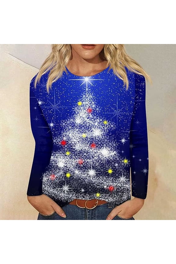 Holiday Gifts! Titcea Christmas Tops for Women 2024 Long Sleeve Crewneck Fashion Xmas Print Cute Pullover Sweaters 2024 Loose Comfort Lightweight Casual Tops