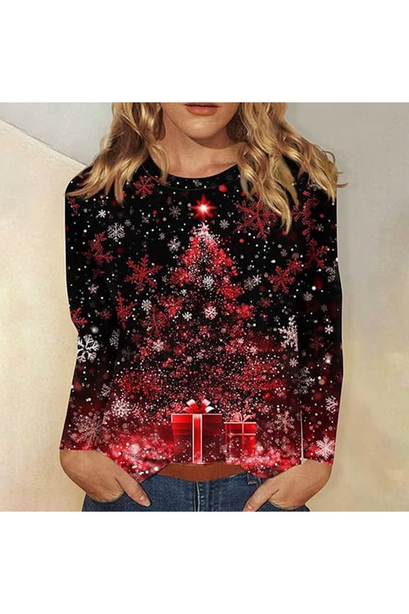 Holiday Gifts! Titcea Christmas Tops for Women 2024 Long Sleeve Crewneck Fashion Xmas Print Cute Pullover Sweaters 2024 Loose Comfort Lightweight Casual Tops