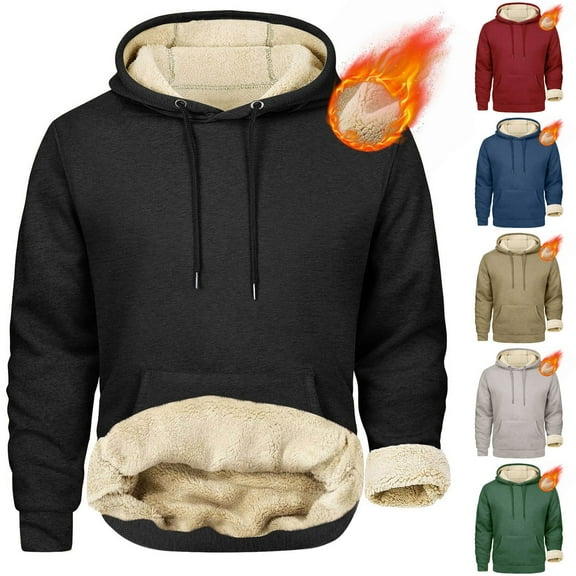 Holiday Gifts! Titcea Hoodies for Men Fleece Lined Solid Color Pullover Hoodie Loose Comfort Casual Long Sleeve Sweaters with Pockets
