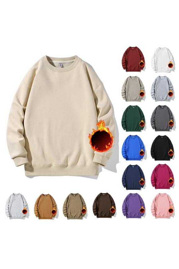 Holiday Gifts! Titcea Mens Sweatshirt Fleece Solid Color Crew Neck Long Sleeve Thicken Pullover Sweatshirts with Pockets Loose Comfort Warm Casual Sweaters