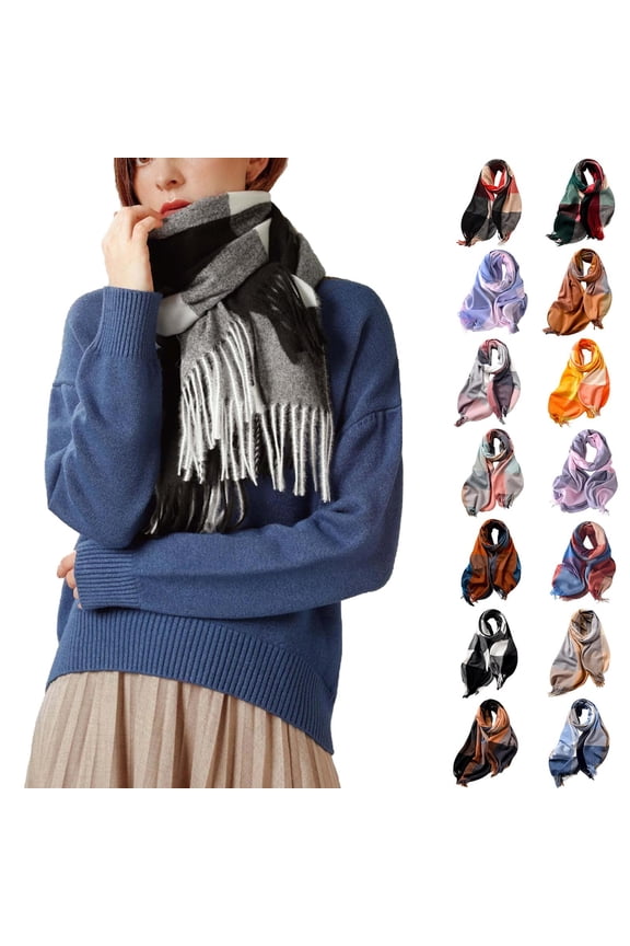 Holiday Gifts! Titcea Winter Scarf for Women Thicken Tassels Contrasting Plaid Retro Shawls Wraps Windproof Warm Outdoor Cold Protection Scarves