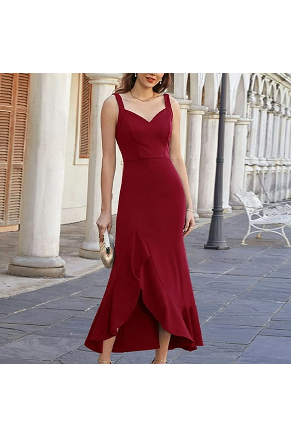 Holiday Gifts! pstuiky Dresses for Women 2025, Bodycon Dress Solid Color Sleeveless V-Neck Sundresses High Waist Ruffle Sleeve Floor Length Dresses Midi Dresses for Women Prom Homecoming Wine S