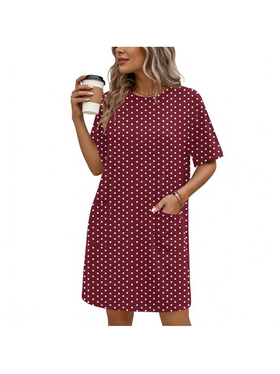 Women's Polka Dot Print T-Shirt Midi Dress with Pockets Crew Neck Short Sleeve Casual Summer Sundress Loose Beach Vacation Dress