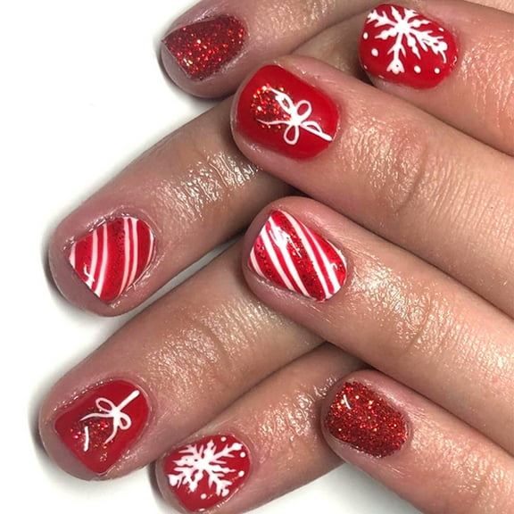 Holiday Glitters Pack of 24 Red Snowflake Art Short Square Tips Safe ABS Build for Christmas Celebration