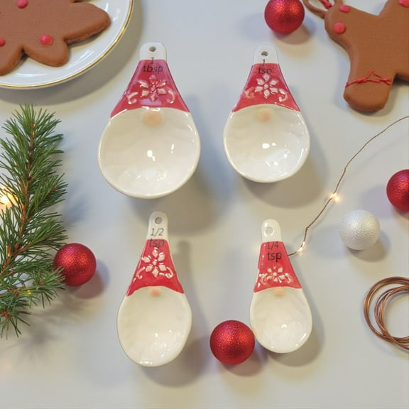 Holiday Gnome Ceramic Measuring Spoons Set of 4, Red & White 1 Tbsp, 1 Tsp, 1/2 Tsp, 1/4 Tsp Home Essentials & Beyond
