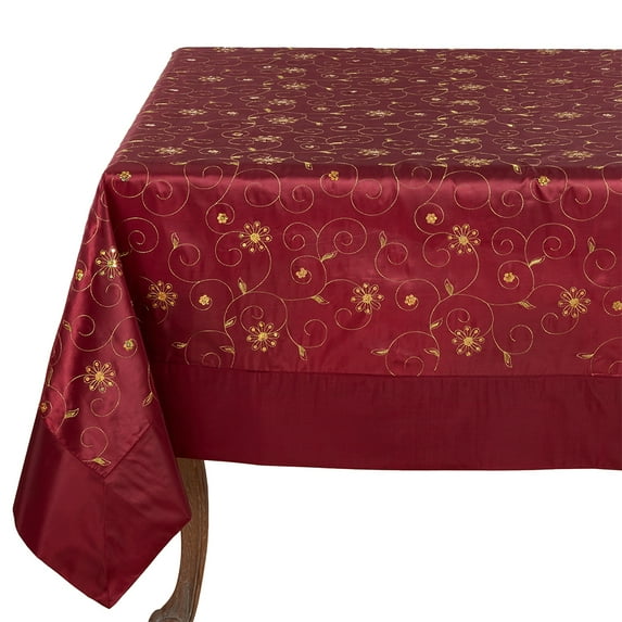 Holiday Gold Embroidery Sequined Burgundy Tablecloth, 65"x140" Rectangular