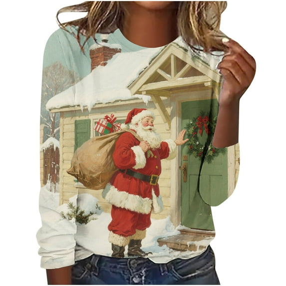 Holiday Graphic Tees Womens Christmas Long Sleeve Cute Pullover Tops Funny Xmas Festive Outfits, XL Red