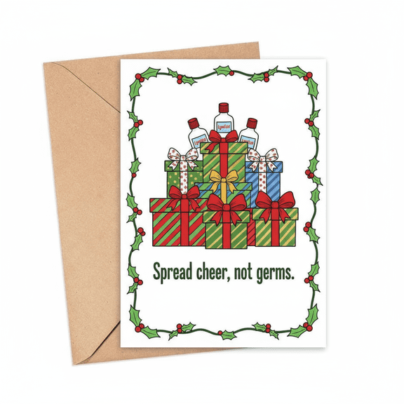 Holiday Greeting Card "Spread Cheer, Not Germs" Design with Present Illustrations Blank Inside, Envelope Included Perfect for Christmas and Winter Celebrations