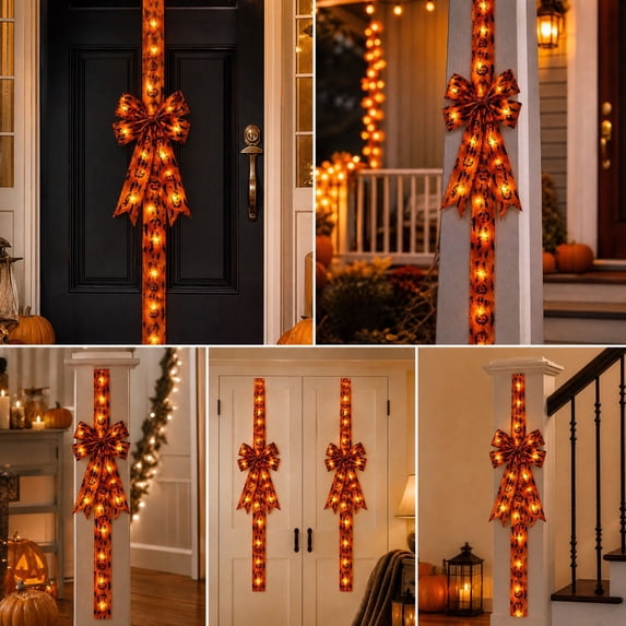 Holiday Halloween Cabinet Door Fringe Bows with Lights 40 Inch Hanging Ribbon Decor Pumpkin Skull Pattern for Kitchen Cupboard Pantry Seasonal Home Decoration Set