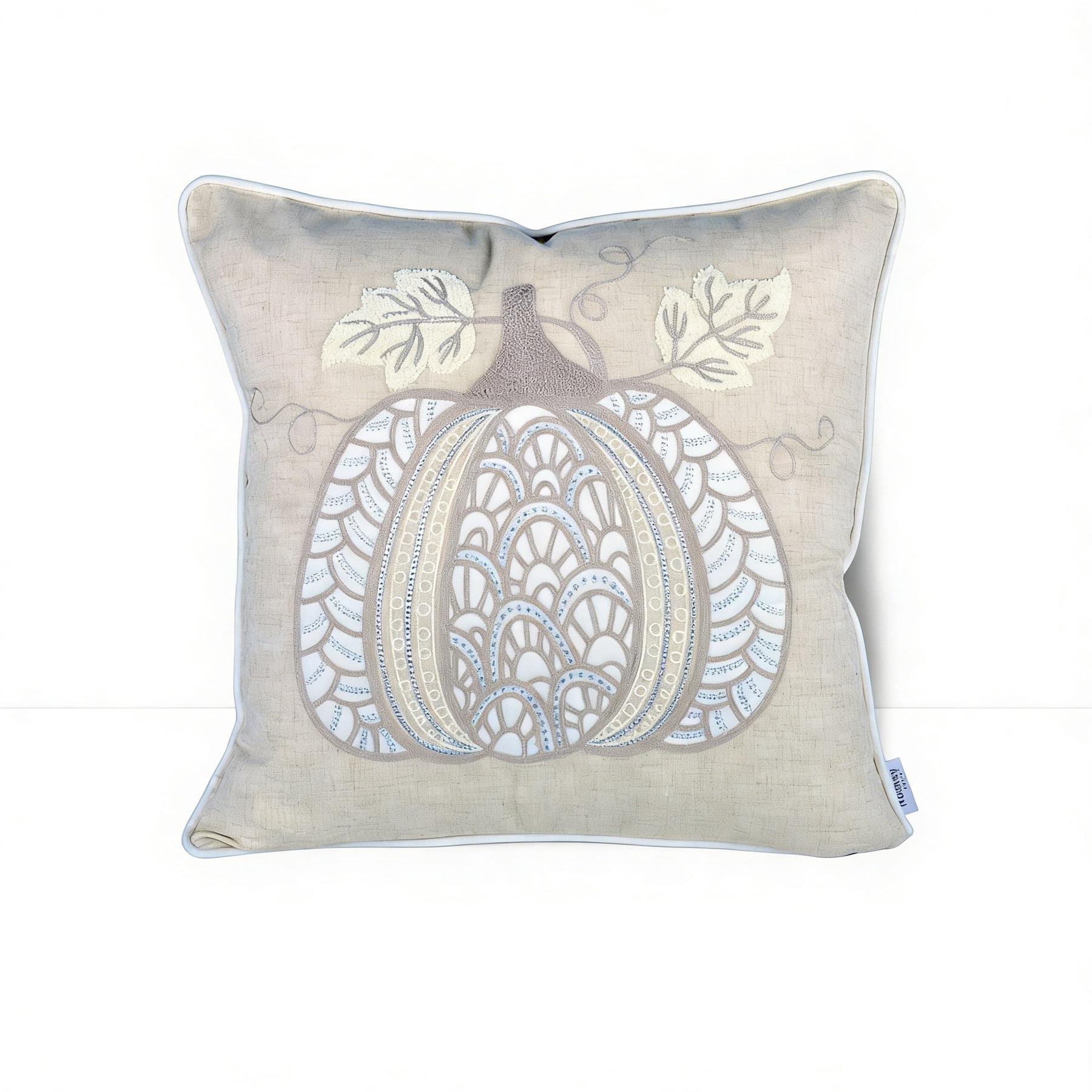 Holiday Harvest Beige Embroidered Pumpkin Graphic Polyester 20 in. x 20 in. Decorative Throw Pillow