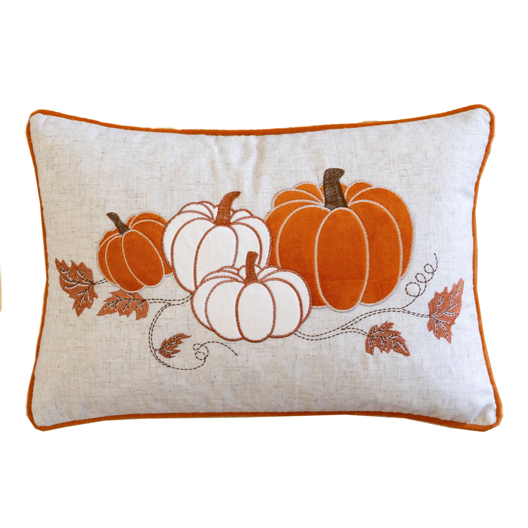 Holiday Harvest Spice Embroidered Pumpkin Graphic Polyester 14 in. x 20 in. Decorative Throw Pillow