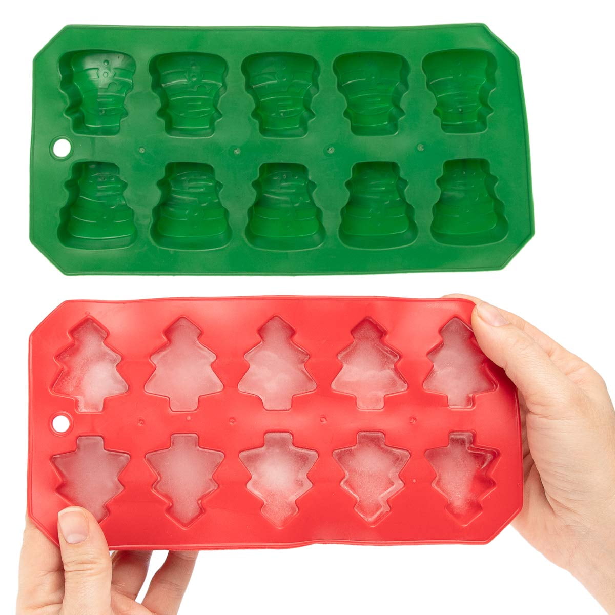 Holiday Helpers (2 Pack) Holiday Kitchen Silicone Ice Cube Trays Green  Snowmen & Red Christmas Trees 