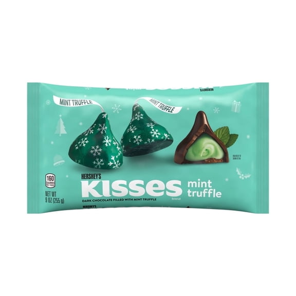 Holiday Hersheys Kisses Dark Chocolate with Mint Truffle, 9 ounce bag (Pack of 2)