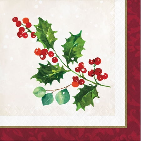 Holiday Holly Paper Beverage Napkins 16 Per Pack