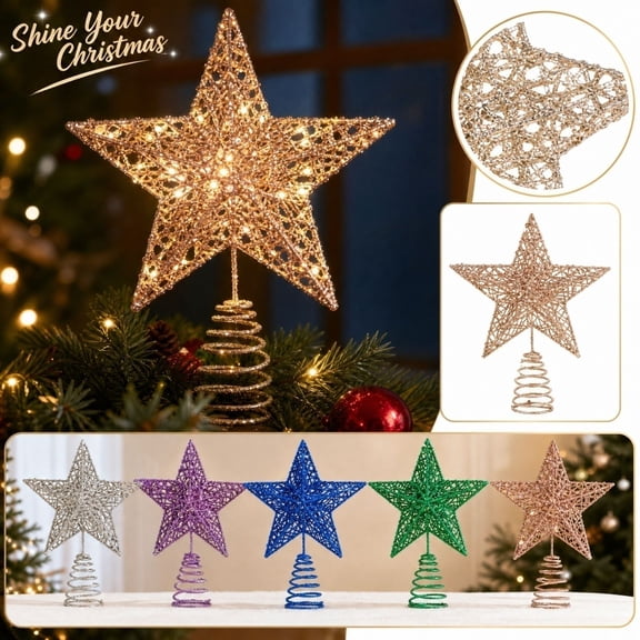 Holiday Home Decor, Light Up Blue Glitter Wire Christmas Tree Star Topper, Glittery 3D Five-Pointed Star Christmas Tree Top Decoration, Blue Star Tree Topper for Home Christmas