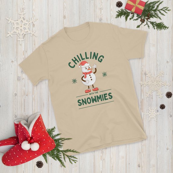 Holiday Humor T-Shirt | Snowman Pun ‘Rolling with My Snowmies’ | Soft & Cozy Christmas Tee (Sand, S)