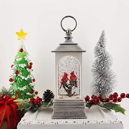 Holiday Illumination Cardinals Water Globe Lantern 9.5" Musical Glitter Spinner Battery Operated Timer & USB Light Up Light Up Xmas Snow Globe Home Decor$$Home Decor, Kitchen, & Other