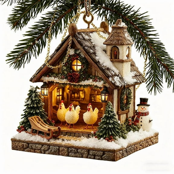 Holiday Items Acrylic Christmas Barn Ornament with Chickens Snowman Scene Festive Holiday Tree Decor 1Pcs Rkxzt