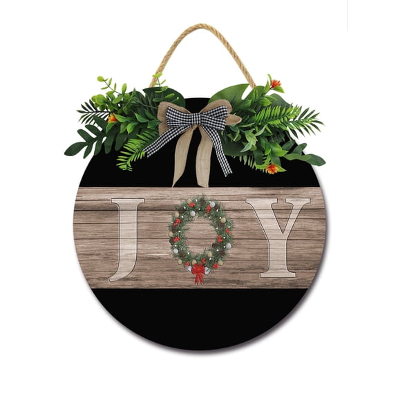 Holiday Joy Front Door Sign Funny Wreaths Hanging Wooden Plaque Decoration Round Rustic Wood Farmhouse Porch Decor for Home Front Door Decor, 11 x 11 Inch