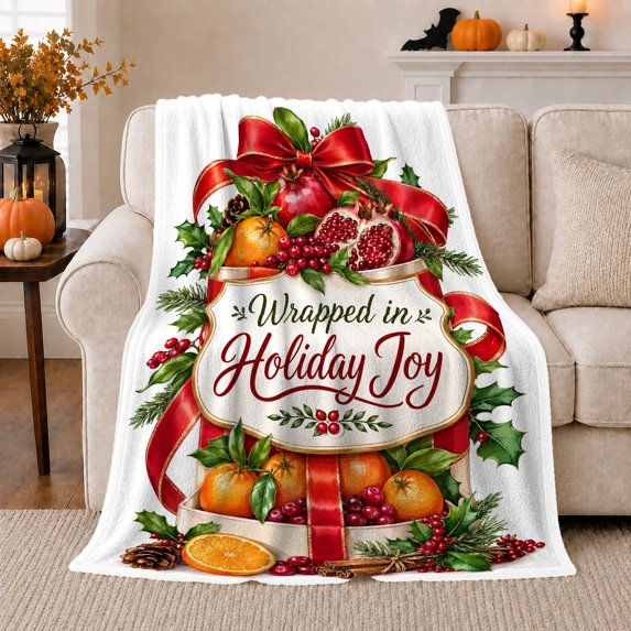 Holiday Joy Ribbon with Pomegranates, Warm Realistic Style for Holiday Lovers, Cozy Citrus Pine Scene, Flannel Blanket for Living Room and Kitchen, Christmas Gift and Traditional Home Decor