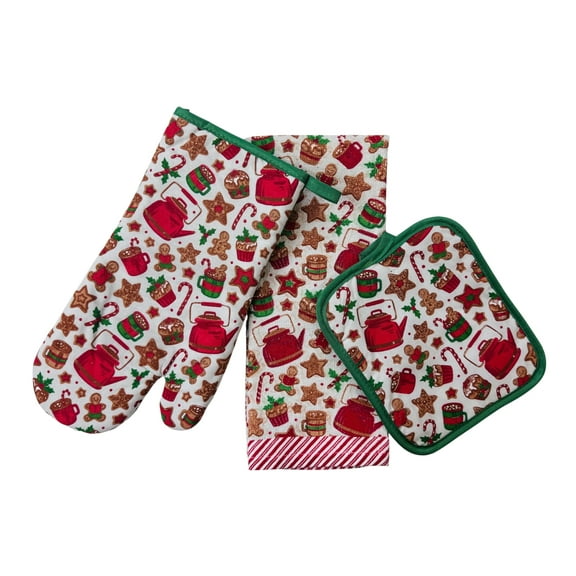 Holiday Kitchen Dish Towel and Pot Holders – Set of 3 100% Cotton Gingerbread Men, Cookies, Teapots & Candy Canes Design – One (1) Kitchen Towel, One (1) Oven Mitt, and One (1) Pot Holder