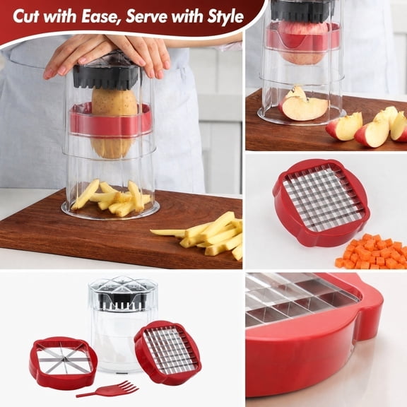 Holiday Kitchen Gift, Plastic Container, Space Saving, Fruit Prep Tool, 5X7 Inch Multi-Function Fruit Dicer Slicer Chopper with 2 Stainless Steel Blades, Clear Plastic Container