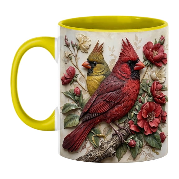Holiday Kitchen Gift Ware, Cardinal Bird Ceramic Mug, 3D Embossed Cardinal Bird Ceramic Mug Vintage Flower Red Cardinal Coffee Cup Porcelain Tea Water Milk Mug Holiday Kitchen Gift Ware, Yellow