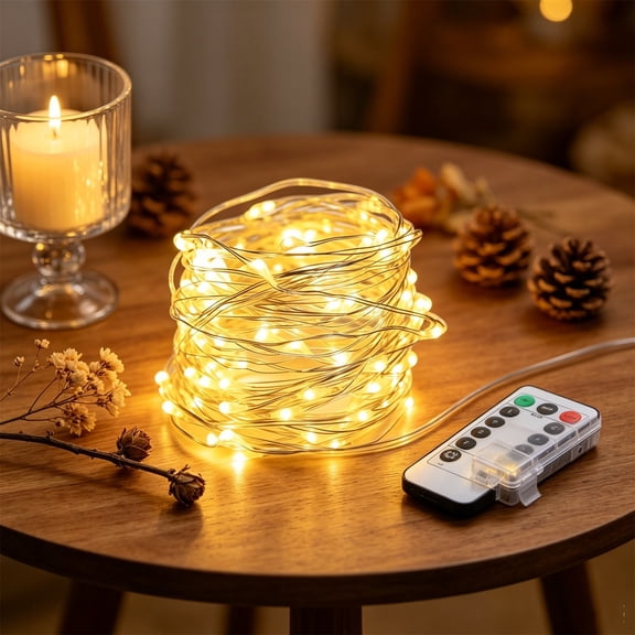 Holiday LED String Lights with Remote Control, 2 m, Yellow, Decorative Battery-Powered Lighting for Bedroom, Window, Party and Holiday Home Display