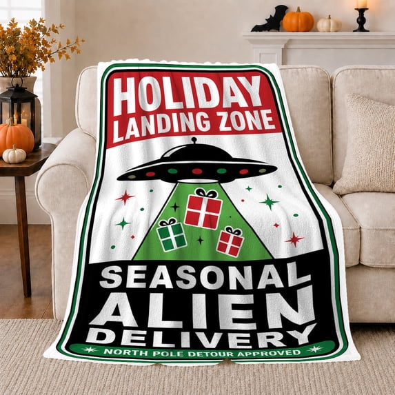 Holiday Landing Zone UFO Poster, Funny Christmas Style for Alien Lovers, Seasonal Alien Delivery Scene and Christmas Gift, Cozy Flannel Blanket for Sofa and Game Room, Sci Fi Home Decor