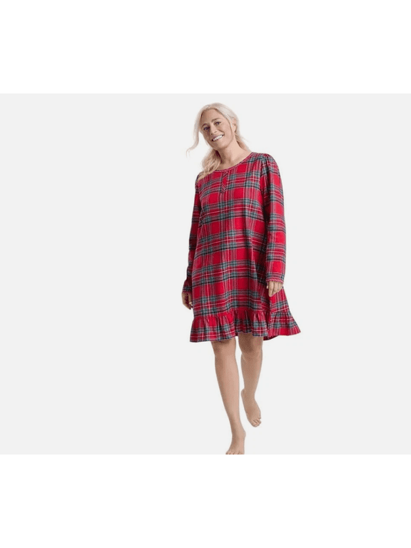 Brinkley Women's Plaid Flannel Ruffle Bottom Sleep Dress Pajama, Red, Small