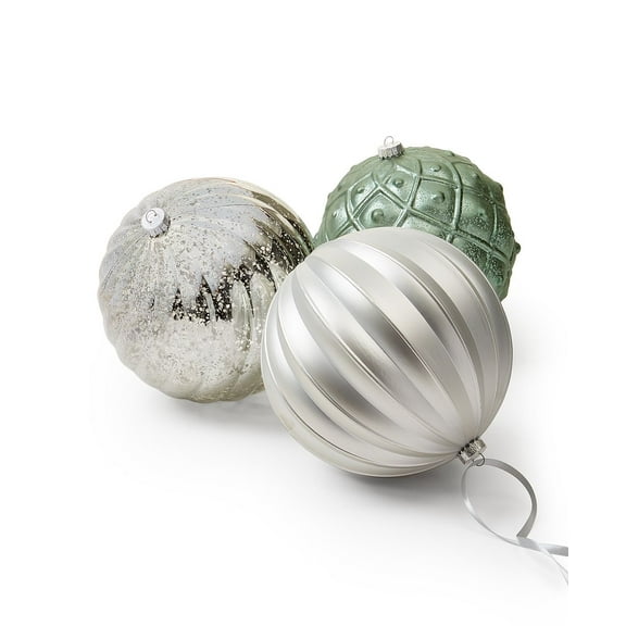 Holiday Lane Cozy Christmas Set of 3 Shatterproof White, Green and Silver-Tone Ball Ornaments