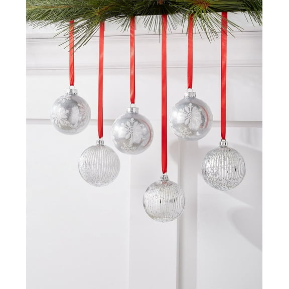 Holiday Lane Cozy Christmas Set of 6 Shatterproof Silver-Tone Decorated Ball Ornament