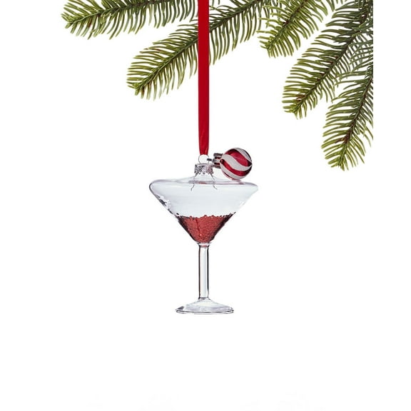 Holiday Lane Peppermint Twist Glass Martini Glass with Red Glitter Ornament