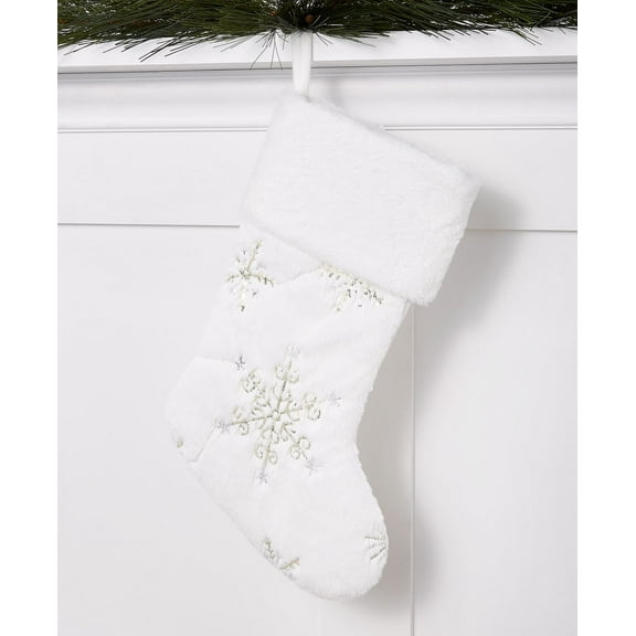 Holiday Lane White Plush Sequins & Snowflakes Stocking