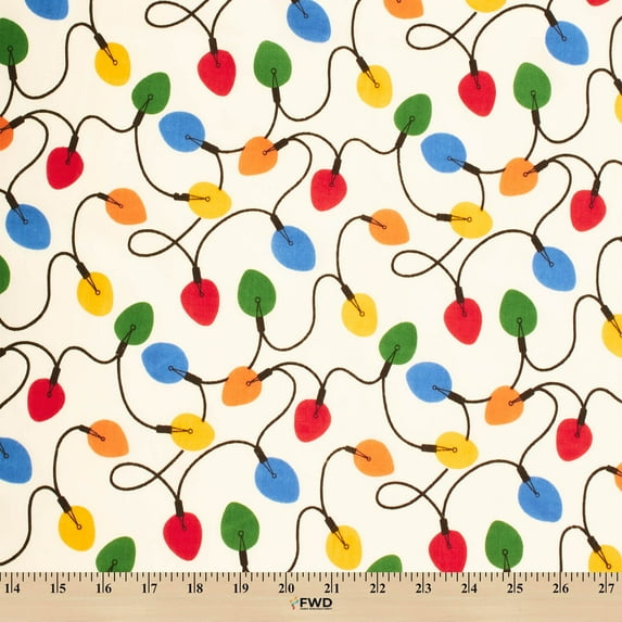 Holiday Light Print Broadcloth Fabric – Ivory Multi-Color Polyester Cotton 58/60" By The Yard