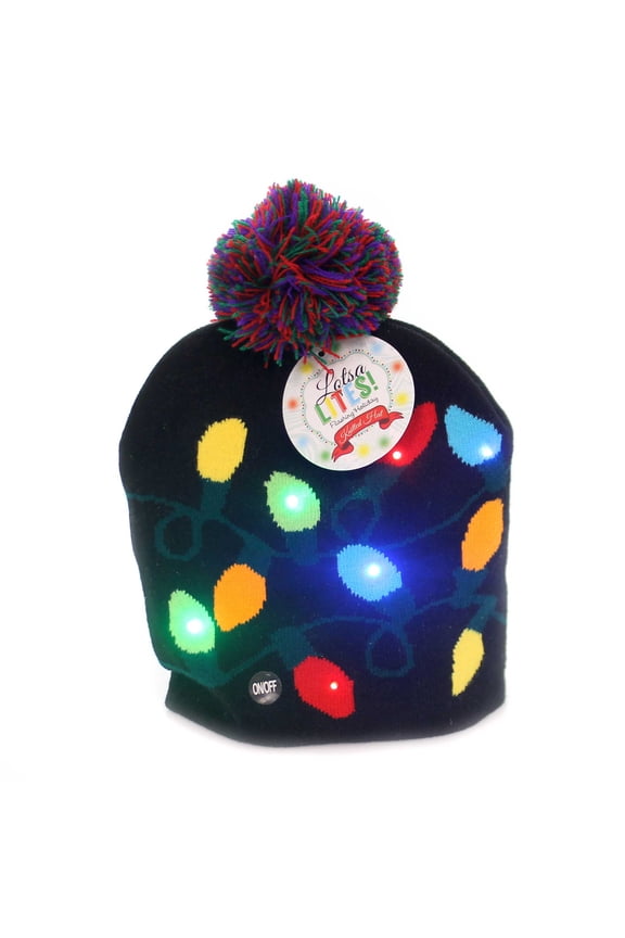 Lotsa Lites Flashing Light Up Holiday Christmas Knit Beanie Hat Cap Lights Black