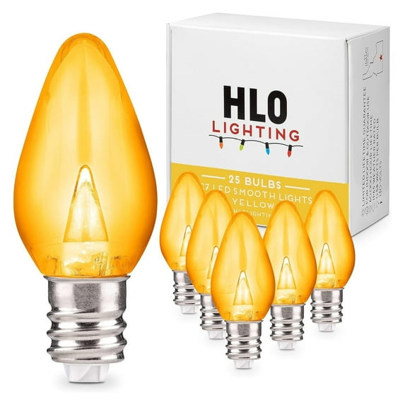 Holiday Lighting Outlet LED Smooth C7 Yellow Replacement Christmas Light Bulbs for E12 Sockets, Energy Efficient Grade, 2 Diode 0.58 Watt (LED) Bulbs. Pack of 25 Bulbs
