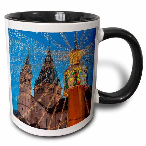 3drose, Holiday Lights at Twilight, Christmas Market, Mainz, Germany, 11oz Two-tone Black Mug