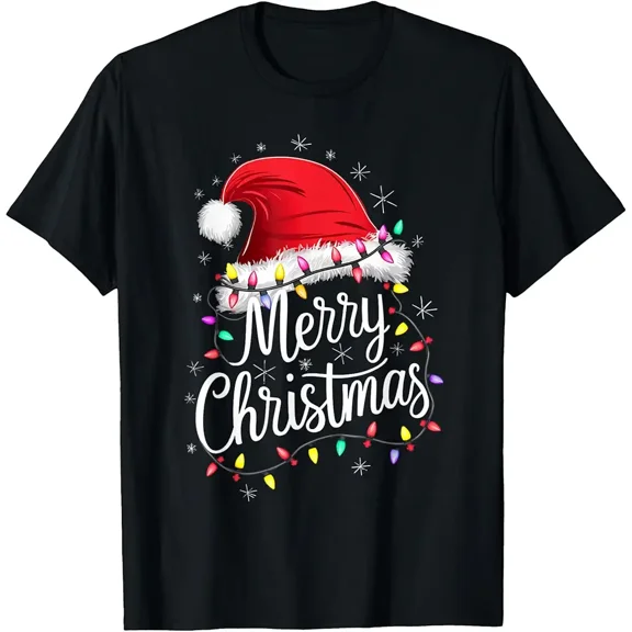 Holiday Lights Red Hat Merry Festive Family Men Women Unisex T-Shirt, up to Size 5XL