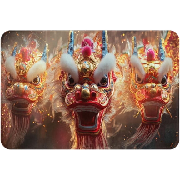 Holiday Lion Dance Doormat Indoor Entrance Welcome Mat Dust Removal Water Absorption Non-Slip Easy to Clean Flannel Floor Mat 16x24 Inch