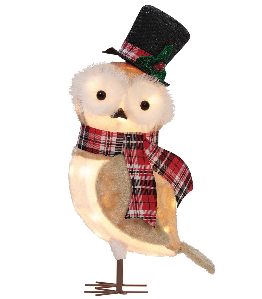 24-Inch Lighted Winter Owl Figurine with Plaid Scarf