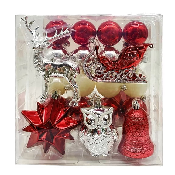 Holiday Living 26 Count Shatterproof Red, White and Silver Ornament Set Includes Sleigh, Reindeer, Star, Owl, Bell & More