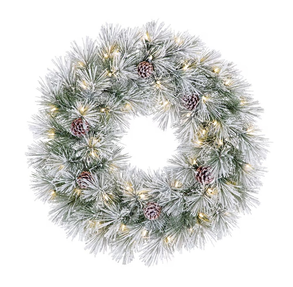 30-Inch Pre-Lit Artificial Pine Wreath with Snow and Pinecones