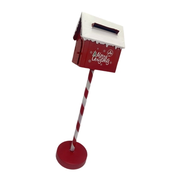 Holiday Mailbox Decor Red White Metal Stand, 19.7 Inch Christmas Letter Box, Roof Shape, Merry Panel Message, Tree-Side Display Piece